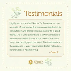 This testimonial speaks to the long-term relationship I build with my patients. The clean, hygienic services and rejuvenating ambiance are all part of creating a holistic healing experience.