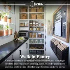 A well-organized walk-in pantry with open shelving, a small countertop space, and a chalkboard for notes. This design is ideal for those who need ample storage and easy access to kitchen supplies.