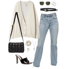 Recreating Hailey Bieber's iconic casual style. This look pairs a simple cardigan with classic blue jeans and chic accessories for an outfit that is both on-trend and timeless.