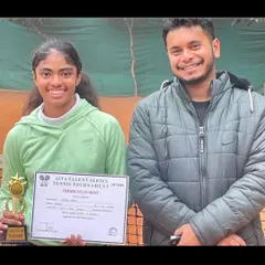 A series of photos celebrating Manvi Gupta's hat-trick of U16 and U18 titles, showcasing her consistent dominance at All India level tournaments.