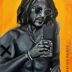 As a huge SRK fan, I had to paint this iconic look. This is a monochrome acrylic portrait on a bold orange background, capturing the cool intensity of King Khan. It's a perfect example of the custom fan art I love to create.
