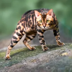 Meet Benji, a handsome Bengal cat with striking markings. Here he is in a classic hunter's crouch, showing off the wild, leopard-like grace inherent to his breed.