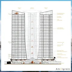 A detailed architectural section of The Crown Jewel towers. This drawing reveals the complex internal structure, including a winter garden, public plazas, and residential floors, all part of a cohesive design.