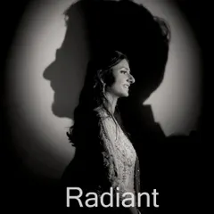 An artistic black and white portrait using shadow play. The bride is illuminated, while the groom's shadow is cast behind her, creating a powerful and symbolic image.