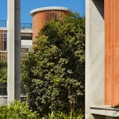 The interplay of light, nature, and materials can quietly lift our spirits. In this school, a sunlit corner framed by concrete pillars and lush greenery creates a moment of ease and engagement, demonstrating how thoughtful design crafts positive everyday experiences.