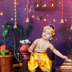 I bring cultural celebrations to life with themed photoshoots like this Little Krishna session. Dressed in traditional attire with a flute and peacock feathers, this little boy looks up in wonder, creating a divine and memorable image.