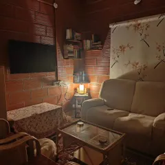 A look at our cozy living room, complete with comfy couches and a library of books. The dogs are free to hang out here with us, making it feel just like home.