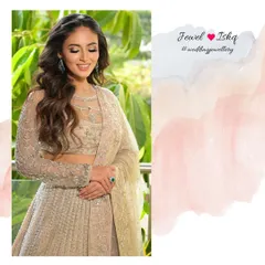 A full view of this elegant reception look. The statement emerald jewellery adds a touch of colour and luxury to the embellished lehenga, creating a look that is both modern and timeless.