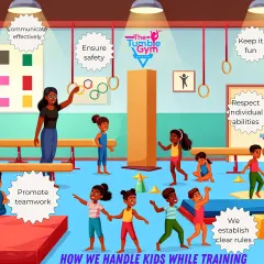 This illustration shows our core principles for handling kids during training. We focus on clear communication, ensuring safety, promoting teamwork, and keeping it fun, all while respecting each child's individual abilities within a structured and positive class setting.