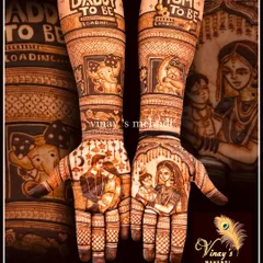 A full view of the baby shower mehndi, celebrating the bundle of joy on the way. This design is filled with love, featuring portraits of the parents-to-be and their future child.