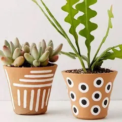 Simple lines and dots create a modern bohemian look on these terracotta planters. This minimalist design is perfect for adding a subtle artistic touch to your home garden.
