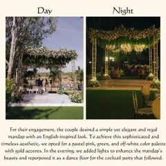 Here you can see the 'Bridgerton' concept come to life. The daytime mandap was transformed into a magical dance floor for the evening cocktail party, maximizing the use of the decor.