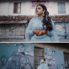 A diptych showing two sides of bride Hamnaz's portrait session. The top frame is a thoughtful, elegant pose, while the bottom one showcases her against a stunning piece of street art, blending tradition with a modern, artistic vibe.