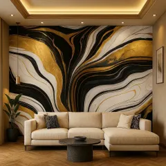 For a bold and dramatic statement, we used this abstract 3D wallpaper with flowing black, white, and gold marble patterns. It's a perfect choice for a modern living room, adding energy and a high-end artistic feel behind the sofa.
