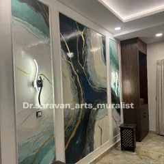 A three-panel granite mural designed for a villa's living room. The artwork flows across the panels, creating a cohesive and breathtaking feature wall that interacts beautifully with the modern light fixtures.