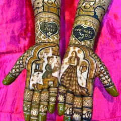 A modern love story captured in henna. This design features the proposal moment, with the groom on one knee, and is personalized with "Family Asked" and "We Said Yes" to celebrate their journey to the altar.