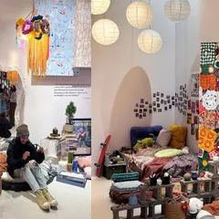 For the 'Goblin Mode' theme, we designed a space that rejects perfectionism in favor of informal comfort. The room features hand-tufted textures, crochet forms, and even an installation of socks to create a tactile, sensorial landscape for self-indulgence and imagination.