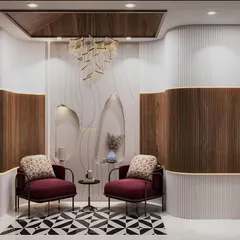 This foyer design concept features a striking tapered wooden ceiling and black-and-white geometric Italian flooring. The design includes curved wall paneling with fluted details and Scandinavian-style niches for a unique and inviting entrance.