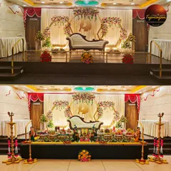 The magic is in the transformation. This before-and-after view shows how I turn an empty stage into a breathtaking traditional display, creating a complete and harmonious setting for your special day.