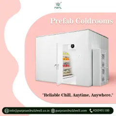 A walk-in prefab cold room with its cooling unit visible. Our solutions offer reliable chill anytime, anywhere, expertly crafted to ensure your products are stored under the best possible conditions.