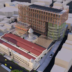 This aerial render shows our complete vision for Russell Market, integrating a new multi-level structure with the conserved historic market hall and a new public plaza.