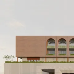 A detail shot of the facade concept, focusing on the rhythm of the arched windows and the integration of greenery within the openings.