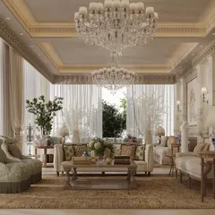 From another angle, this living space reveals its thoughtful composition. The arrangement of sofas and armchairs encourages conversation, while the soft, diffused light from the sheer curtains creates a serene and ethereal quality.