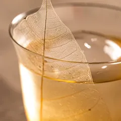 An elegant and minimalist cocktail featuring a delicate, transparent leaf garnish. This macro shot highlights the fine details and artistry of modern mixology.