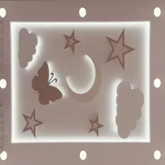 A whimsical false ceiling for a kids' room, featuring cutouts of clouds, stars, a moon, and a butterfly, all with backlighting.