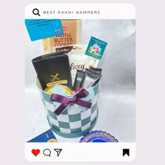 Our checkered 'Box Hamper' for Rakhi is a stylish choice. It includes a personalized wallet, waffle butter cookies, and other goodies, complete with a cute handwritten note.