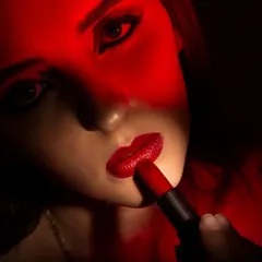A dramatic, low-key beauty shot of a model applying red lipstick, with a red light gel creating a moody and intense feel. This style is perfect for bold makeup campaigns and editorial features.