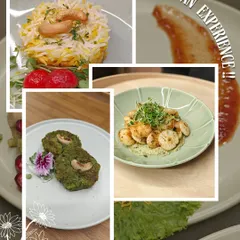 A collage of our plated dishes, where every bite is an experience. From savory cakes to stacked rice, each plate is a work of art, celebrating flavor and presentation.