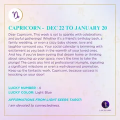 A joyful weekly forecast for Capricorn, predicting celebrations, professional triumphs, and milestones. I use the cards to highlight periods of success and encourage you to embrace them fully.
