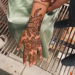 A stylish back-hand design for a party or festival. This pattern flows beautifully from the wrist to the index finger, combining floral and paisley motifs with a delicate feather.