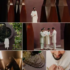 A collage of the groom's details. From his stylish shoes and intricate necklace to the moments of getting ready with his friends, this captures the essence of the groom's preparation.