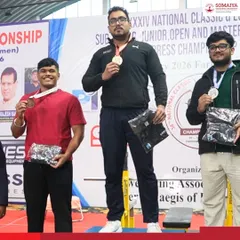 Darwin Horta stands on the podium after winning a bronze medal in the National Classic & Equipped Bench Press Championship.
