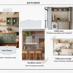 This mood board outlines the vision for a kitchen, featuring a green and wooden color theme. It details key elements like a breakfast counter with wooden louvers and a functional utility area, ensuring every need is met.