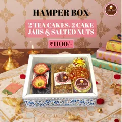 This Hamper Box is a delightful mix of sweet treats, featuring two tea cakes, two cake jars, and a jar of salted nuts, making it a perfect gift for friends and family.