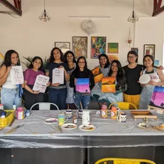 Look at these happy faces and the incredible art they created. Our workshops are all about brushing, giggling, and making memories together, with everything from calligraphy to canvas painting.