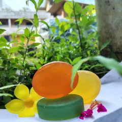 My handmade herbal soaps, pictured here in their natural element. These bars are made with ingredients like Tulsi and Neem and come in Lemon, Jasmine, and Sandalwood fragrances for a gentle, natural clean.