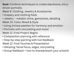 The curriculum for Month 3, focusing on advanced realism and composition. Here, we bring all our skills together to create expressive, story-driven portraits.
