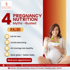 There are many myths around pregnancy nutrition. This graphic busts four common ones, like the need to "eat for two" or that more ghee is always better. I provide science-backed facts for a healthy, well-nourished pregnancy.