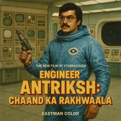 A retro-style poster for the fictional film 'Engineer Antriksh: Chaand ka Rakhwaala'. This is the kind of work I create for album covers or film promotions, blending the aesthetic of old Bollywood sci-fi with modern AI tools to create something both nostalgic and new.