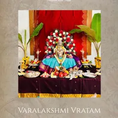 Another divine glimpse from the Varamahalakshmi Vratam at Anagha Deshpande's home, where our half saree drapes the goddess in vibrant blue and turquoise.