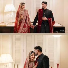 A diptych showing two beautiful moments: the couple holding hands and a tender kiss on the forehead. This tells a small story of their love and commitment.