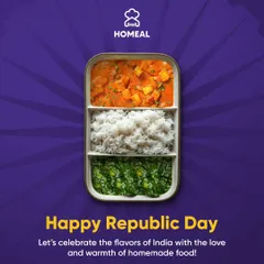 Celebrating Republic Day with the flavors of India. Our special tricolor thali features saffron-colored curry, white rice, and green palak, representing the diversity of our nation's cuisine.