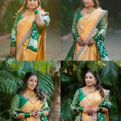 A collection of portraits of a bride in a gorgeous yellow and green saree, showing off her outfit from different angles.
