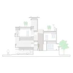 The split-level design is clarified in this sectional drawing. The section shows how the volumes are arranged to allow visual connection across the central core of the house, ensuring that natural light floods the interior spaces from top to bottom.