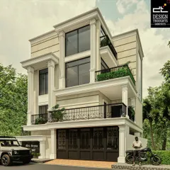 A proposed 40x60 Vastu-compliant villa design that fuses contemporary planning with neoclassical elements. The elevation features grand columns, large windows, and landscaped pockets, designed for multi-generational living.