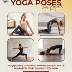 Feeling unsure where to begin? This collage shows four fundamental, beginner-friendly yoga poses like the seated spinal twist and bridge pose that we guide you through in our introductory classes.